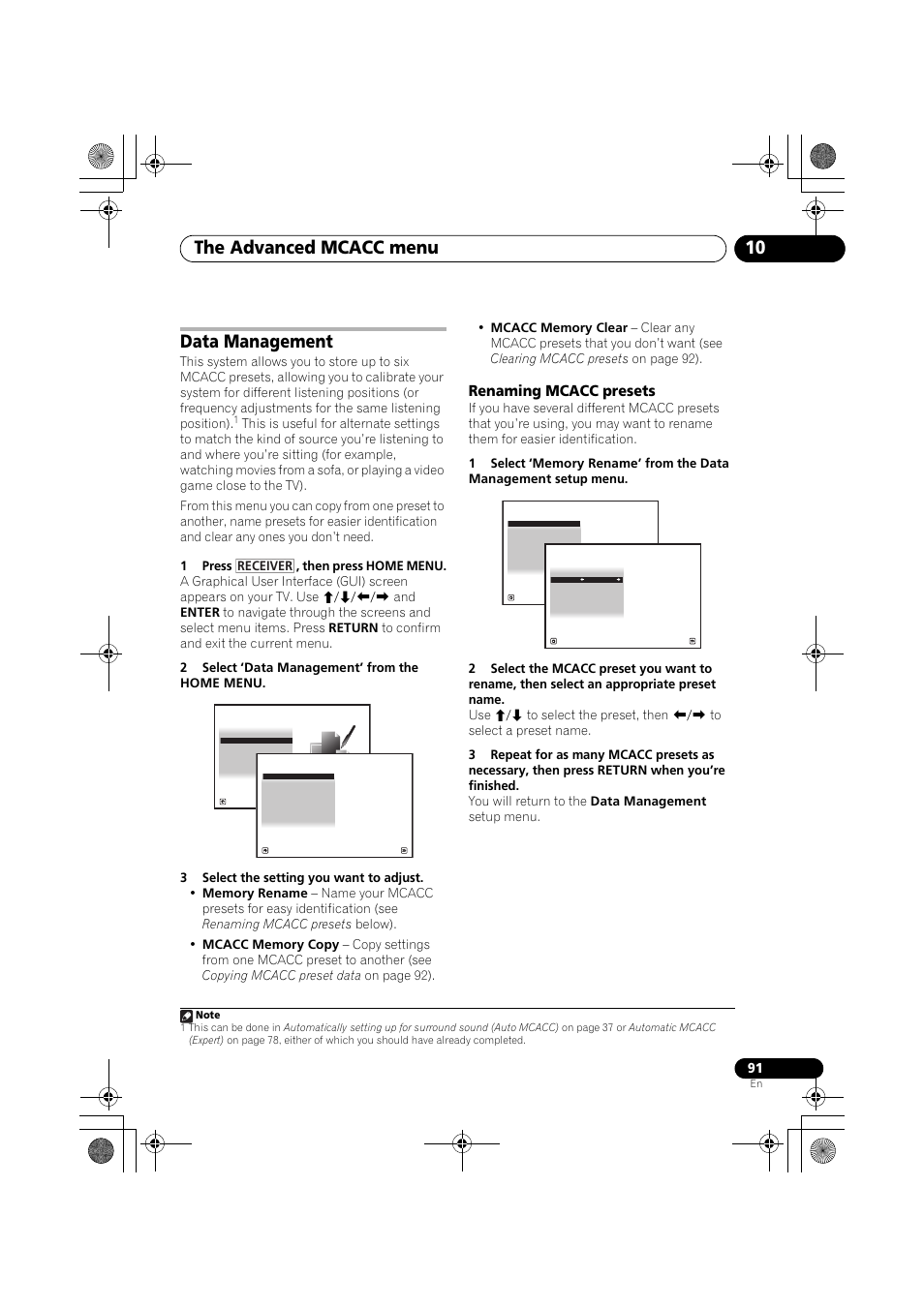 Data management, 1 press , then press home menu, 2 select ‘data management’ from the home menu | 3 select the setting you want to adjust, Renaming mcacc presets, In data management, The advanced mcacc menu 10, Receiver | Pioneer VSX-919AH-K User Manual | Page 91 / 128