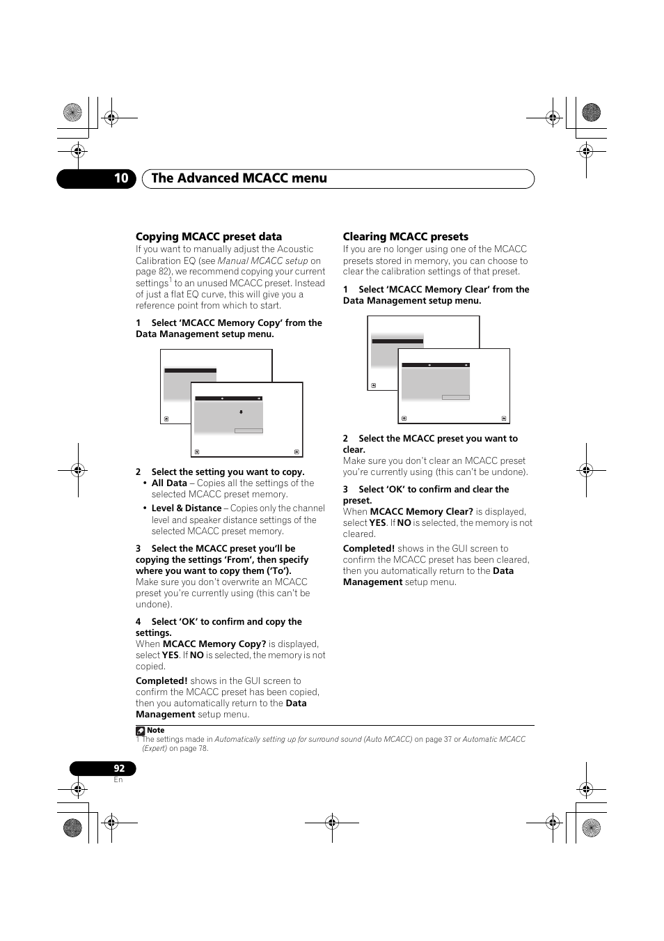 Copying mcacc preset data, 2 select the setting you want to copy, 4 select ‘ok’ to confirm and copy the settings | Clearing mcacc presets, 2 select the mcacc preset you want to clear, 3 select ‘ok’ to confirm and clear the preset, The advanced mcacc menu 10 | Pioneer VSX-919AH-K User Manual | Page 92 / 128