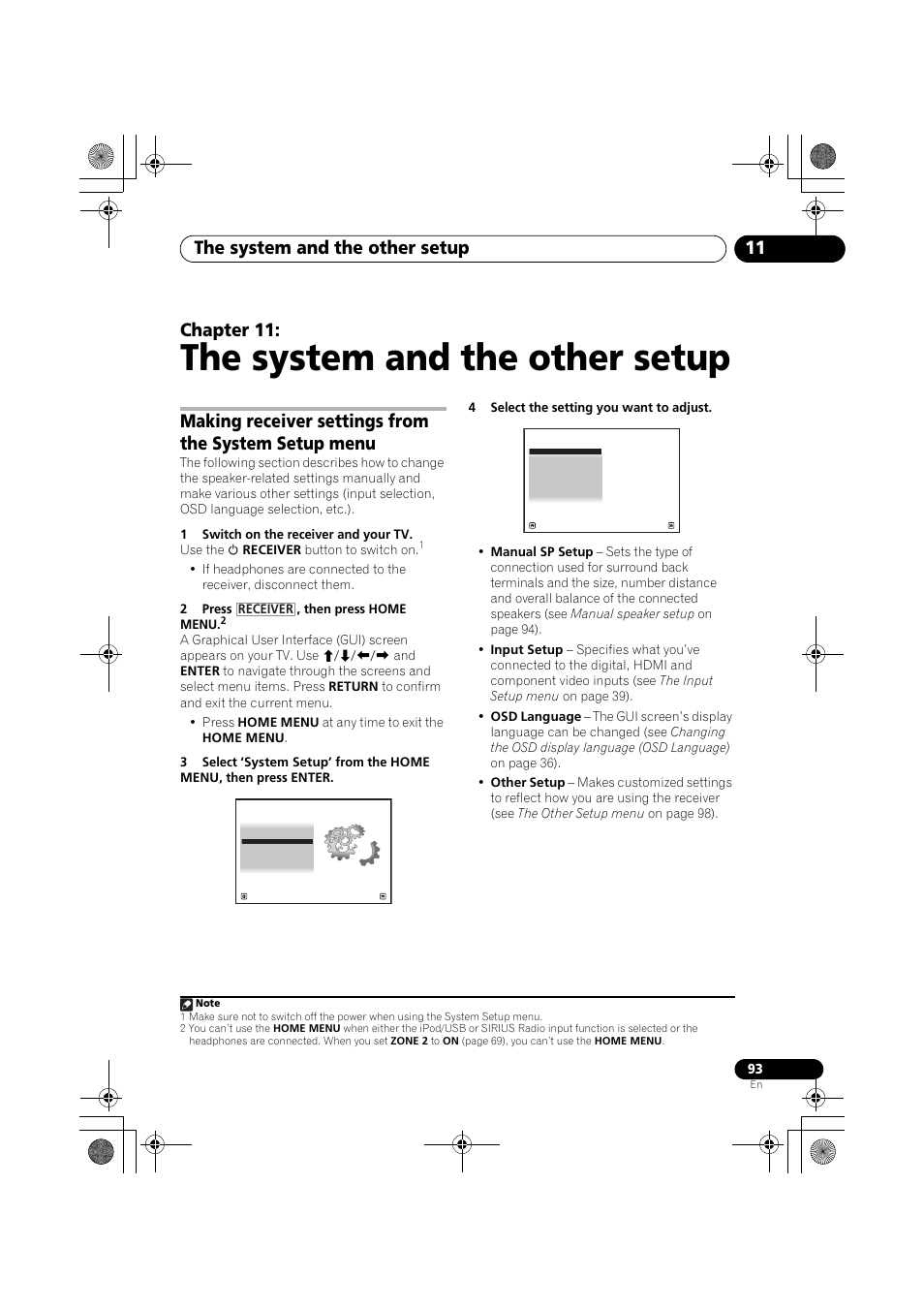 The system and the other setup, 1 switch on the receiver and your tv, 2 press , then press home menu | 4 select the setting you want to adjust, 93 an, The system and, The system and the other setup 11, Chapter 11 | Pioneer VSX-919AH-K User Manual | Page 93 / 128