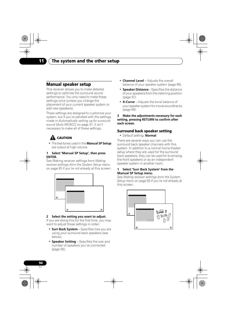 Manual speaker setup, Caution, 1 select ‘manual sp setup’, then press enter | 2 select the setting you want to adjust, Surround back speaker setting, In surround back, G the, Surround back, Manual speaker setup on, The system and the other setup 11 | Pioneer VSX-919AH-K User Manual | Page 94 / 128