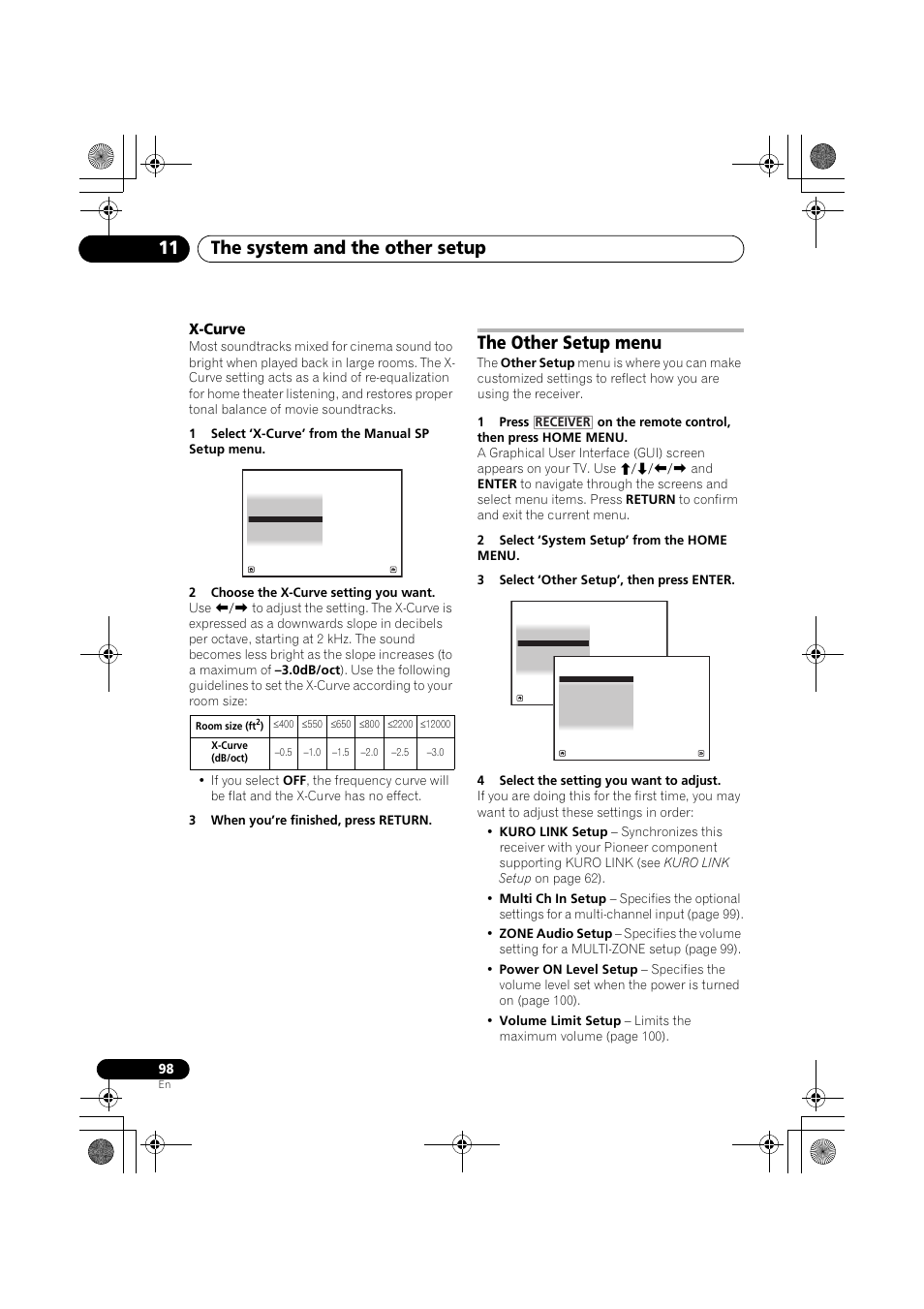 X-curve, 1 select ‘x-curve’ from the manual sp setup menu, 2 choose the x-curve setting you want | 3 when you’re finished, press return, The other setup menu, 2 select ‘system setup’ from the home menu, 3 select ‘other setup’, then press enter, 4 select the setting you want to adjust, D 98, The system and the other setup 11 | Pioneer VSX-919AH-K User Manual | Page 98 / 128