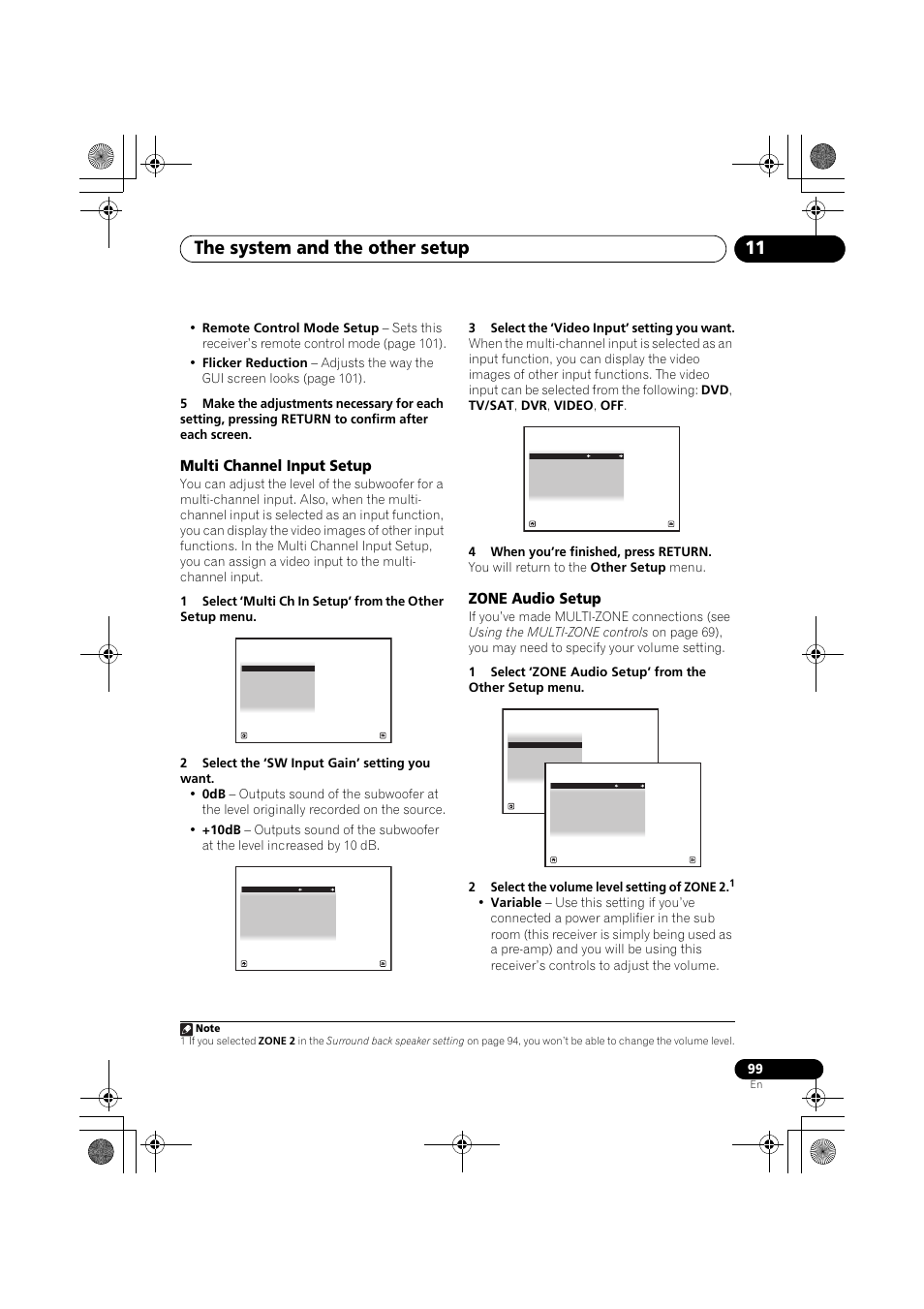 Multi channel input setup, 2 select the ‘sw input gain’ setting you want, 3 select the ‘video input’ setting you want | 4 when you’re finished, press return, Zone audio setup, 2 select the volume level setting of zone 2, The system and the other setup 11 | Pioneer VSX-919AH-K User Manual | Page 99 / 128