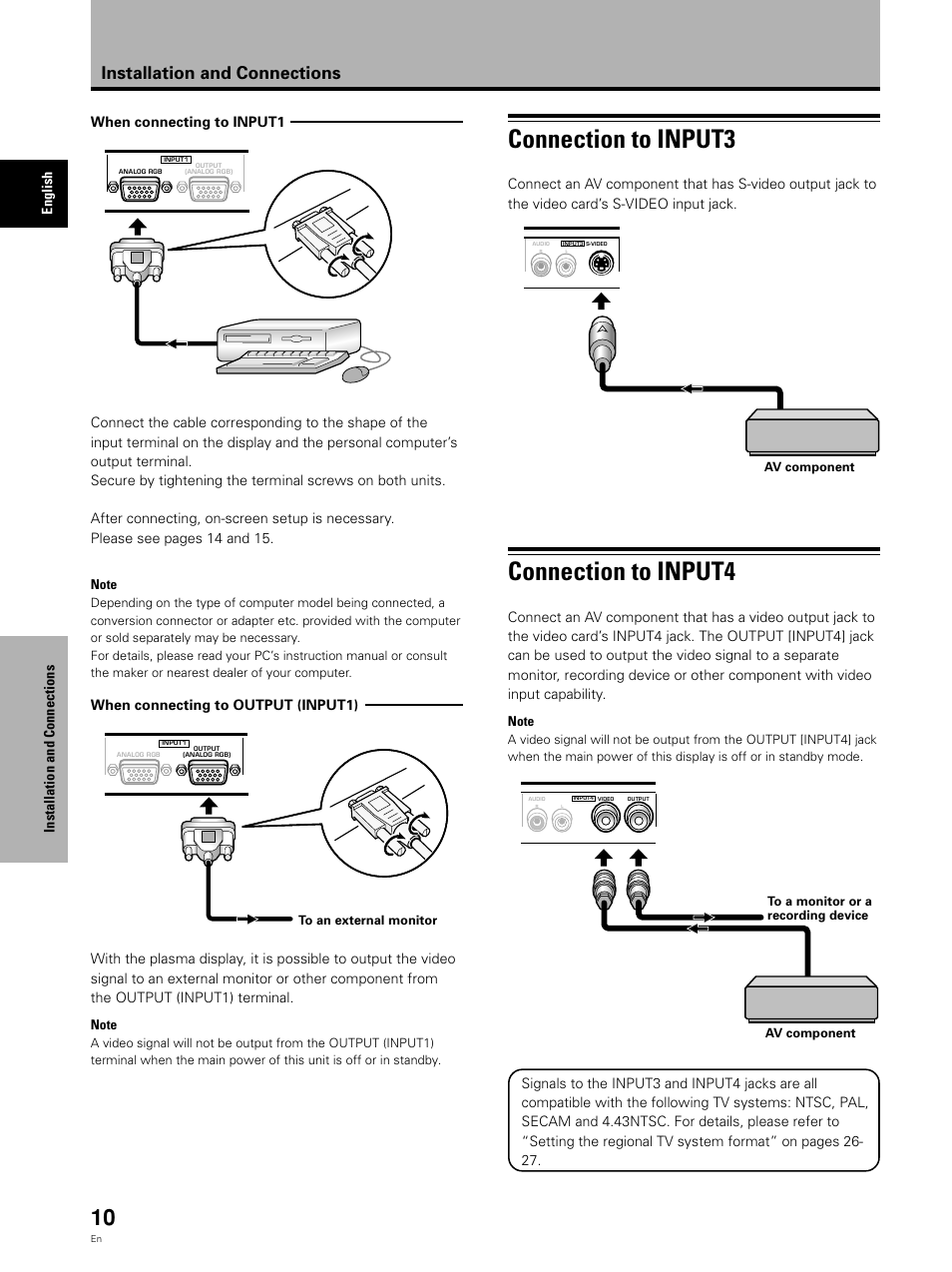 Connection to input3, Connection to input4, Installation and connections | Pioneer Video Card PDA-5002 User Manual | Page 10 / 33