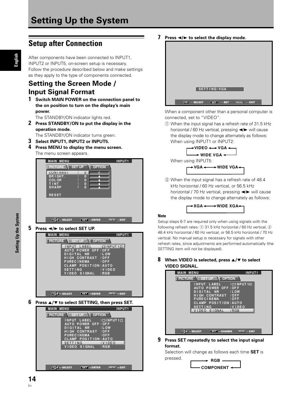 Setting up the system, Setup after connection, Setting the screen mode / input signal format | Pioneer Video Card PDA-5002 User Manual | Page 14 / 33