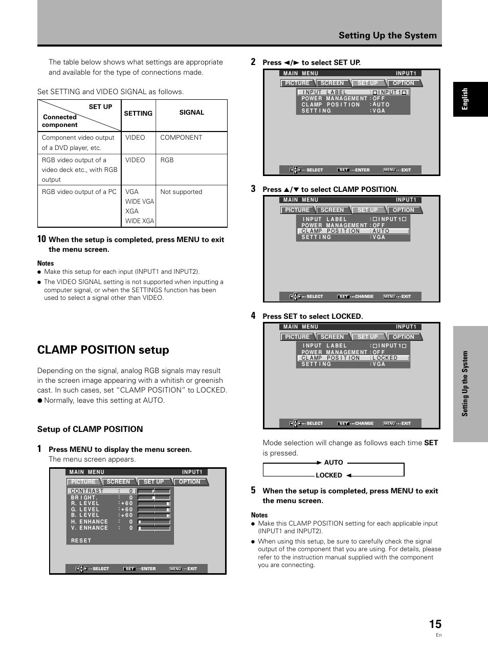 Clamp position setup, Setting up the system, Setup of clamp position | Pioneer Video Card PDA-5002 User Manual | Page 15 / 33