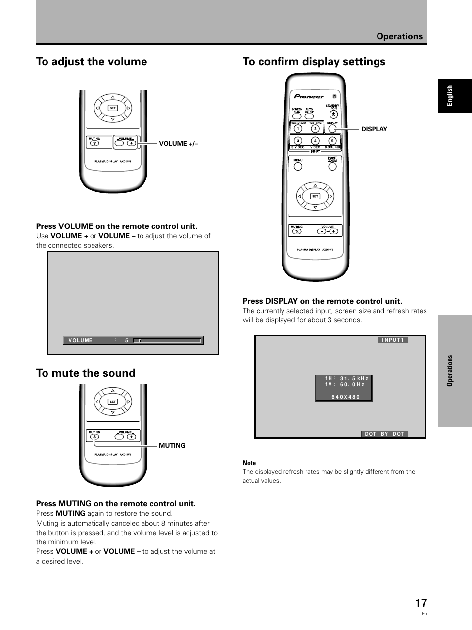 Operations, Press volume on the remote control unit, Press muting on the remote control unit | Press display on the remote control unit | Pioneer Video Card PDA-5002 User Manual | Page 17 / 33