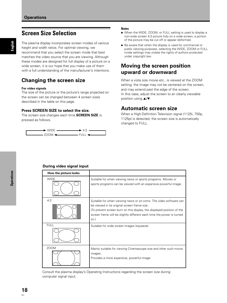 Screen size selection, Changing the screen size, Moving the screen position upward or downward | Automatic screen size | Pioneer Video Card PDA-5002 User Manual | Page 18 / 33