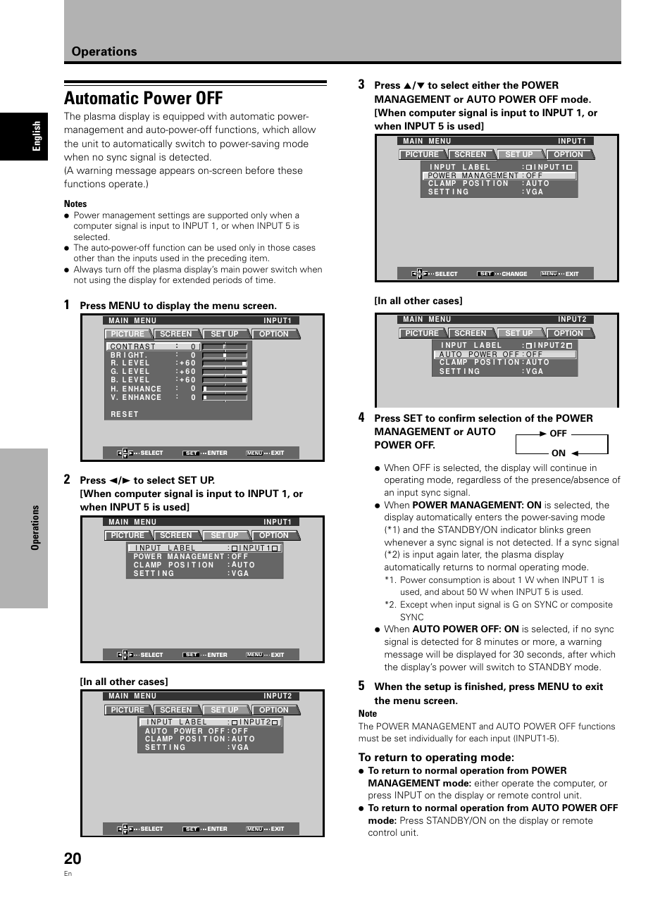 Automatic power off, Operations | Pioneer Video Card PDA-5002 User Manual | Page 20 / 33