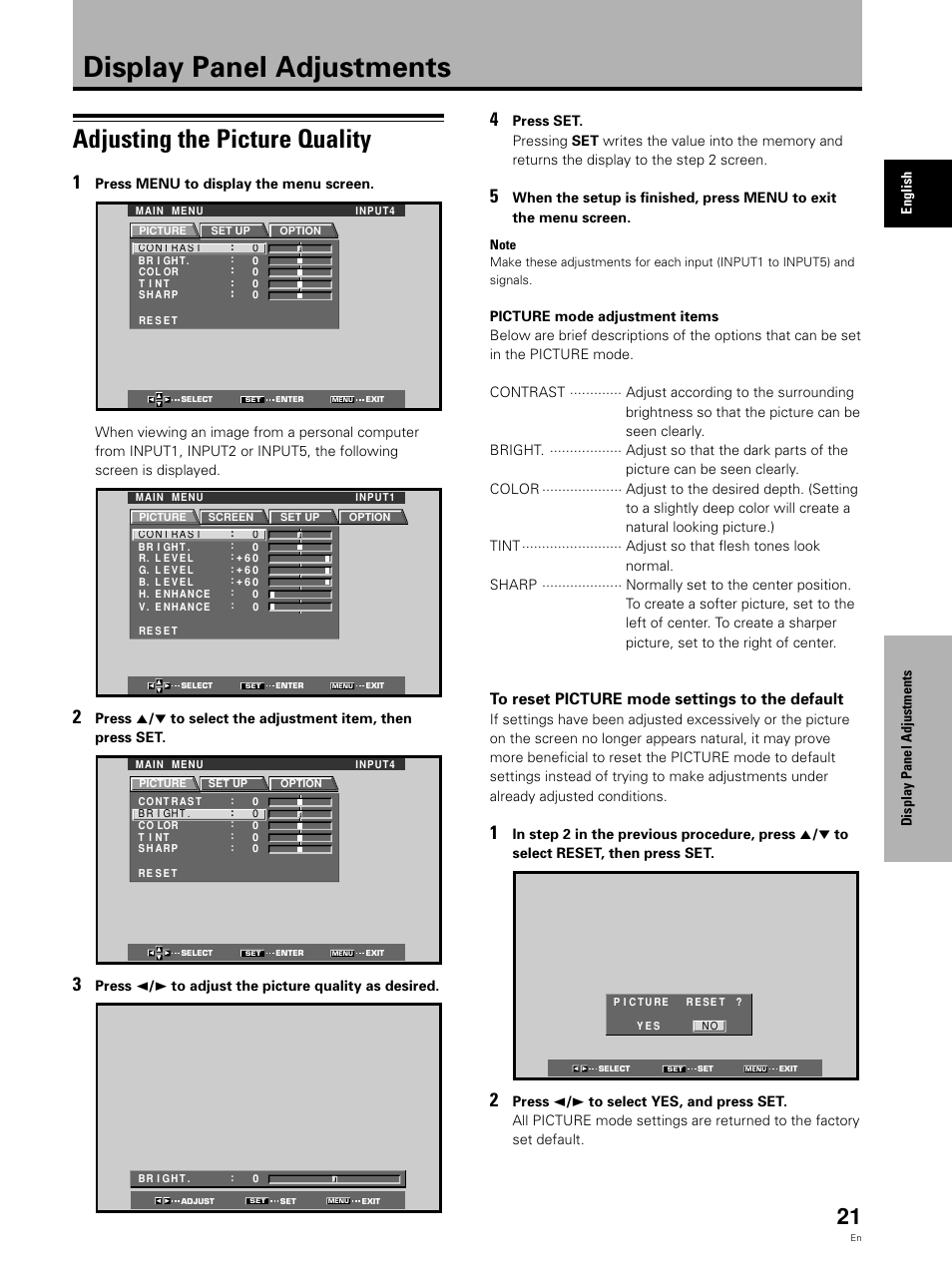 Display panel adjustments, Adjusting the picture quality | Pioneer Video Card PDA-5002 User Manual | Page 21 / 33