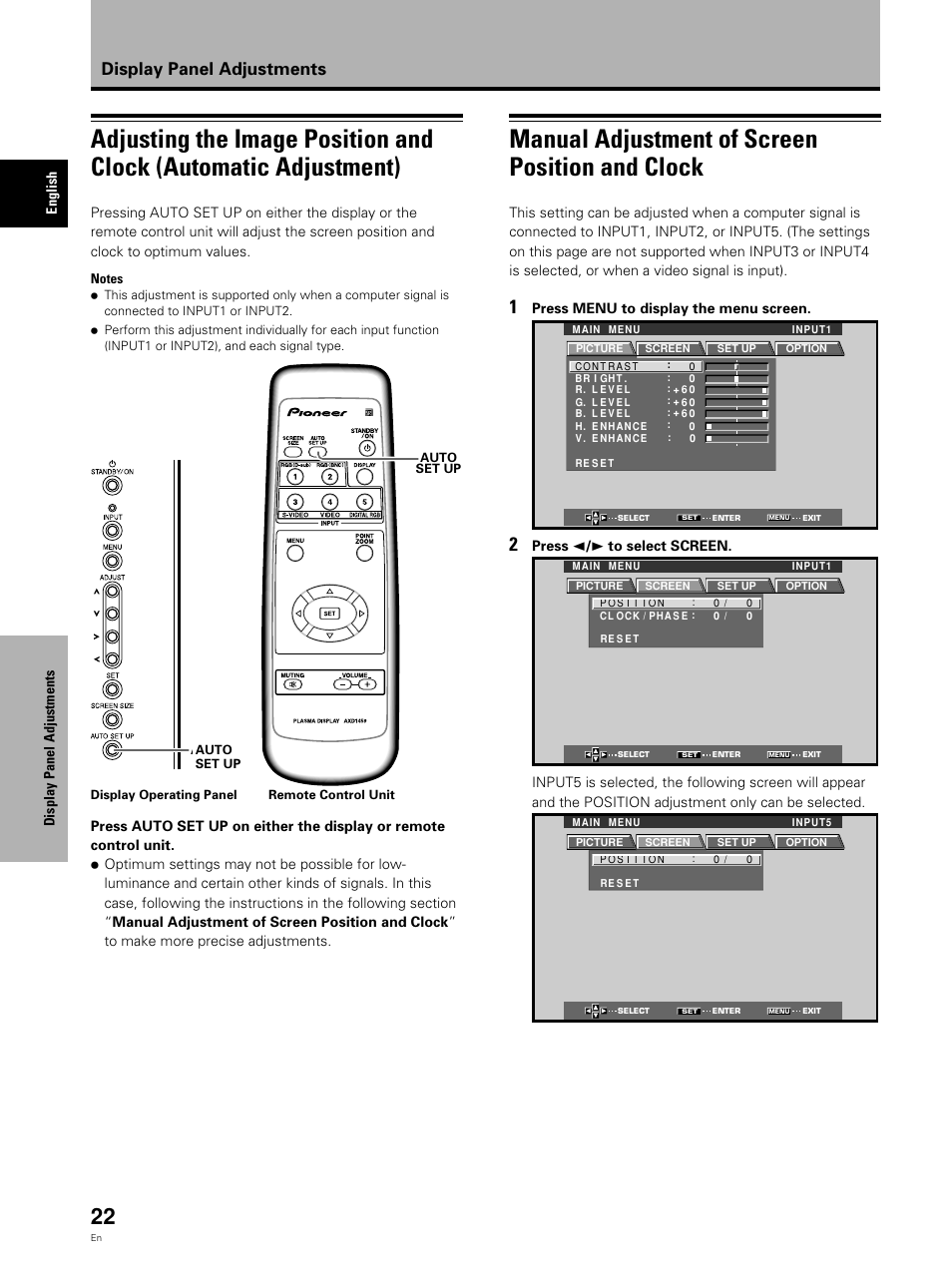Manual adjustment of screen position and clock, Display panel adjustments | Pioneer Video Card PDA-5002 User Manual | Page 22 / 33