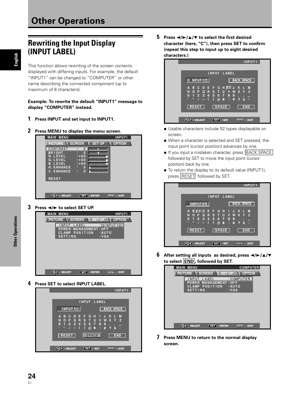 Other operations, Rewriting the input display (input label), Other operations english | Press input and set input to input1, Press menu to display the menu screen, Press 2 / 3 to select set up, Press set to select input label, Press menu to return to the normal display screen | Pioneer Video Card PDA-5002 User Manual | Page 24 / 33