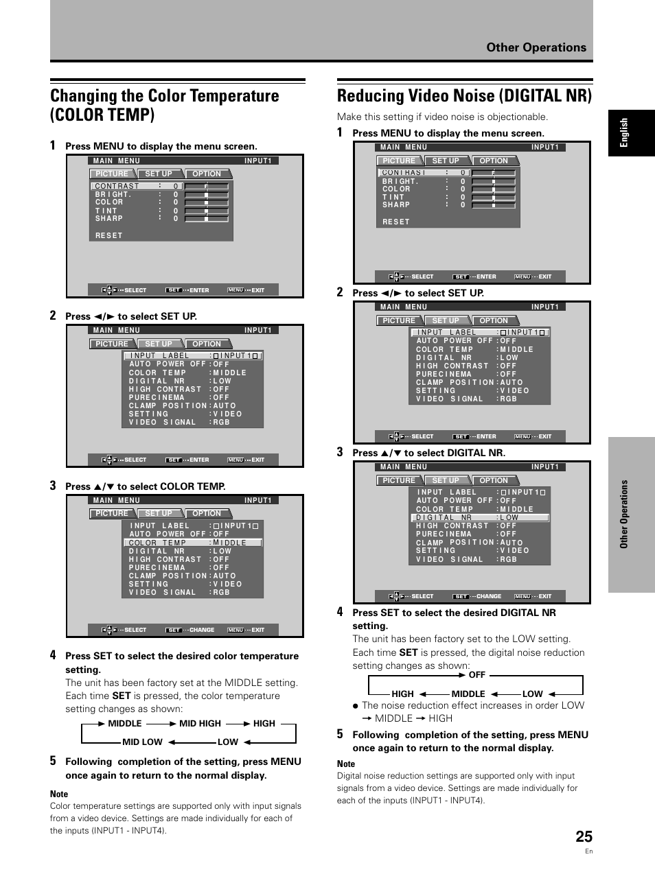 Changing the color temperature (color temp), Reducing video noise (digital nr), Other operations | Other operations english, Press menu to display the menu screen, Press 2 / 3 to select set up, Press 5 / ∞ to select color temp, Make this setting if video noise is objectionable, Press 5 / ∞ to select digital nr | Pioneer Video Card PDA-5002 User Manual | Page 25 / 33