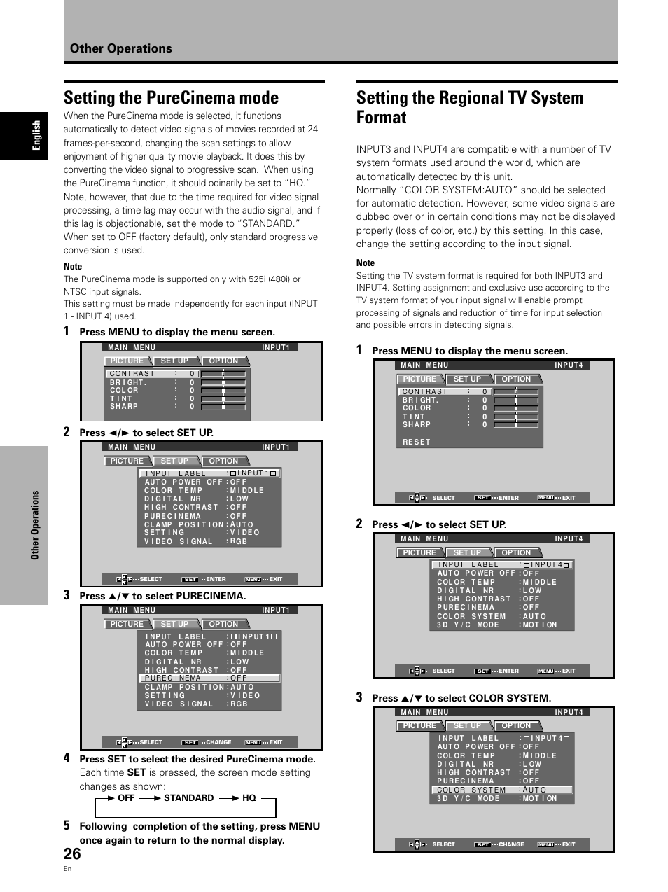 Setting the regional tv system format, Setting the purecinema mode, Other operations | Other operations english, Press menu to display the menu screen, Press 2 / 3 to select set up, Press 5 / ∞ to select color system, Press 5 / ∞ to select purecinema | Pioneer Video Card PDA-5002 User Manual | Page 26 / 33