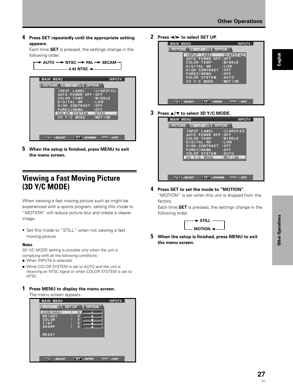 Viewing a fast moving picture (3d y/c mode), Other operations | Pioneer Video Card PDA-5002 User Manual | Page 27 / 33