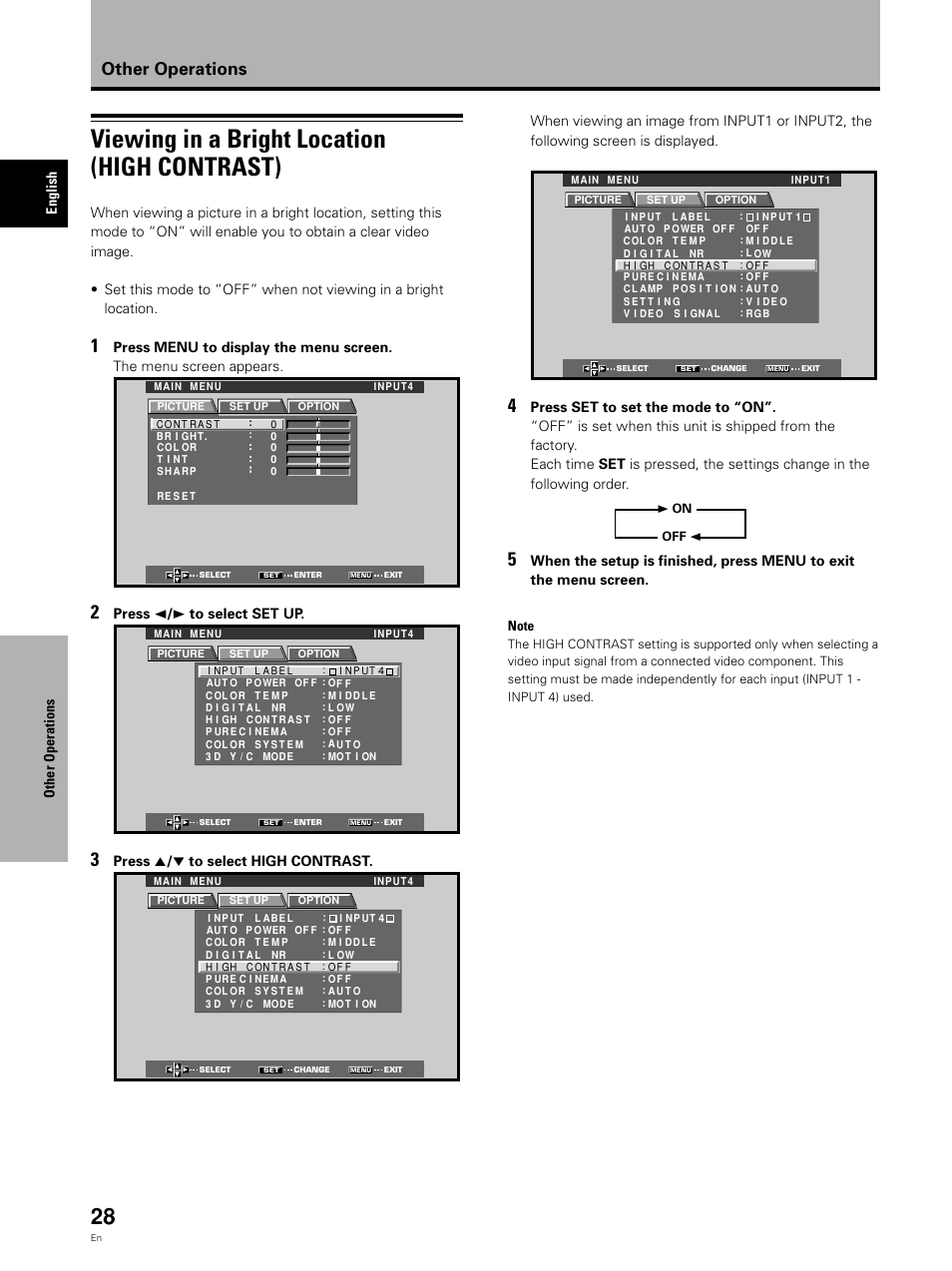 Viewing in a bright location (high contrast), Other operations, Other operations english | Press 2 / 3 to select set up, Press 5 / ∞ to select high contrast | Pioneer Video Card PDA-5002 User Manual | Page 28 / 33