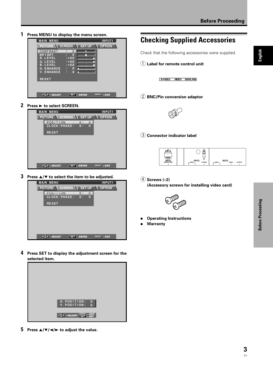 Checking supplied accessories, Before proceeding, Part names and functions english | Check that the following accessories were supplied, Label for remote control unit, Bnc/pin conversion adaptor, Connector indicator label, Press menu to display the menu screen, Press 3 to select screen, Press 5 / ∞ to select the item to be adjusted | Pioneer Video Card PDA-5002 User Manual | Page 3 / 33