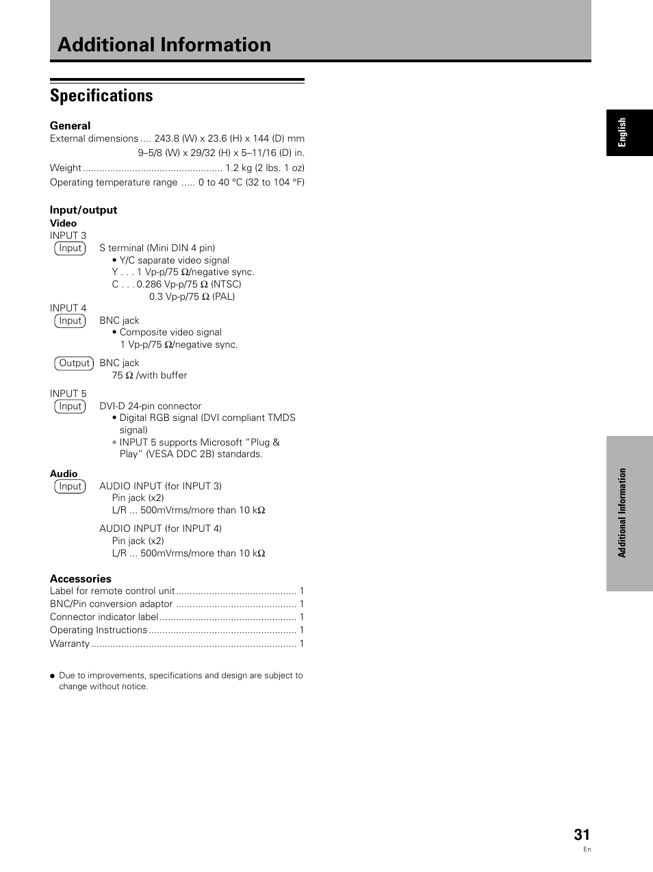 Additional information, Specifications | Pioneer Video Card PDA-5002 User Manual | Page 31 / 33