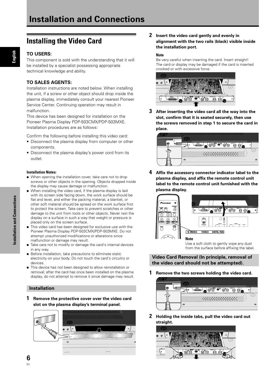Installation and connections, Installing the video card, Installation | Pioneer Video Card PDA-5002 User Manual | Page 6 / 33