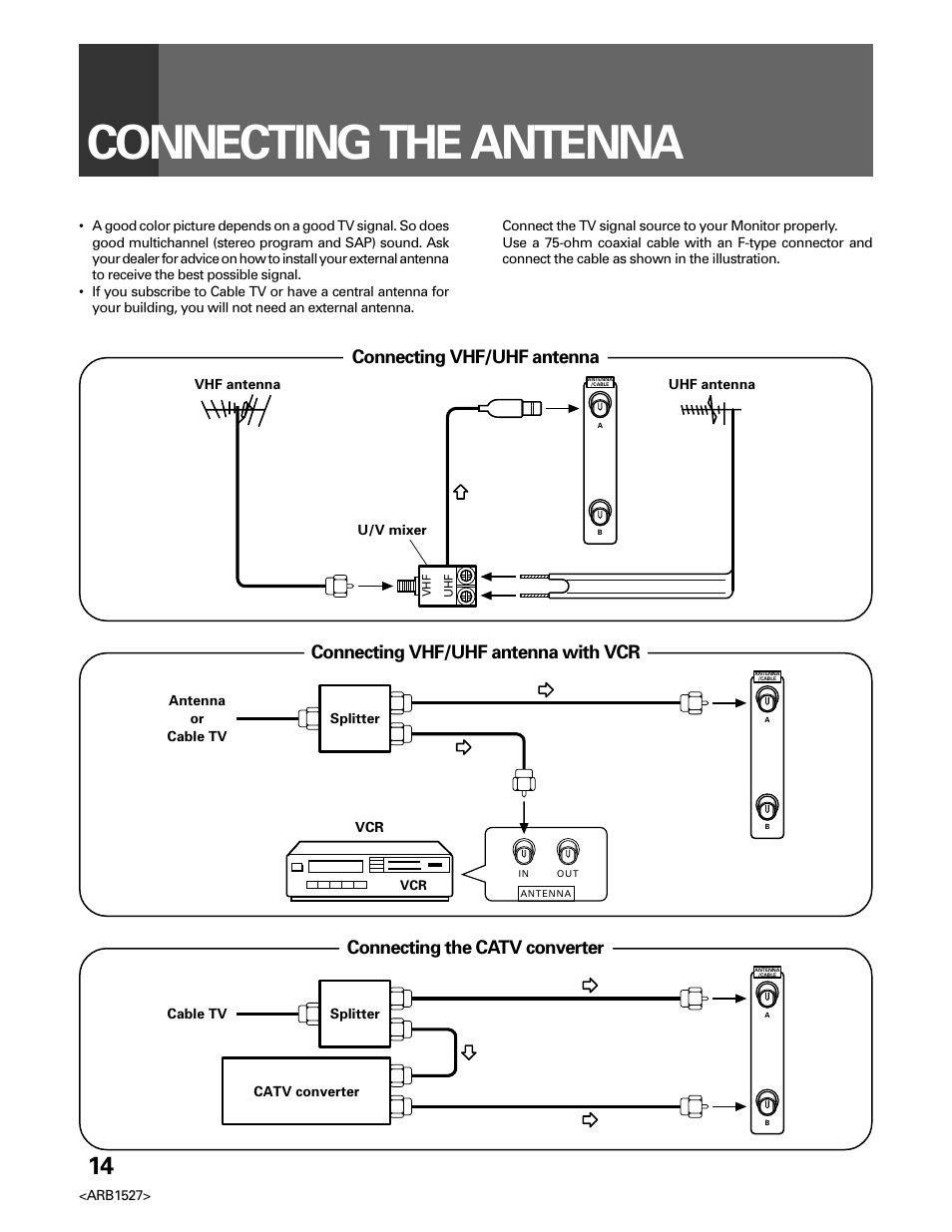 Connecting the antenna, Connecting the catv converter, Connecting vhf/uhf antenna | Connecting vhf/uhf antenna with vcr | Pioneer Elite PRO 510HD User Manual | Page 14 / 92