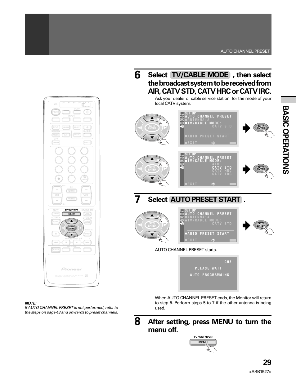 29 basic opera tions, After setting, press menu to turn the menu off, Select auto preset start | Arb1527, Auto channel preset | Pioneer Elite PRO 510HD User Manual | Page 29 / 92