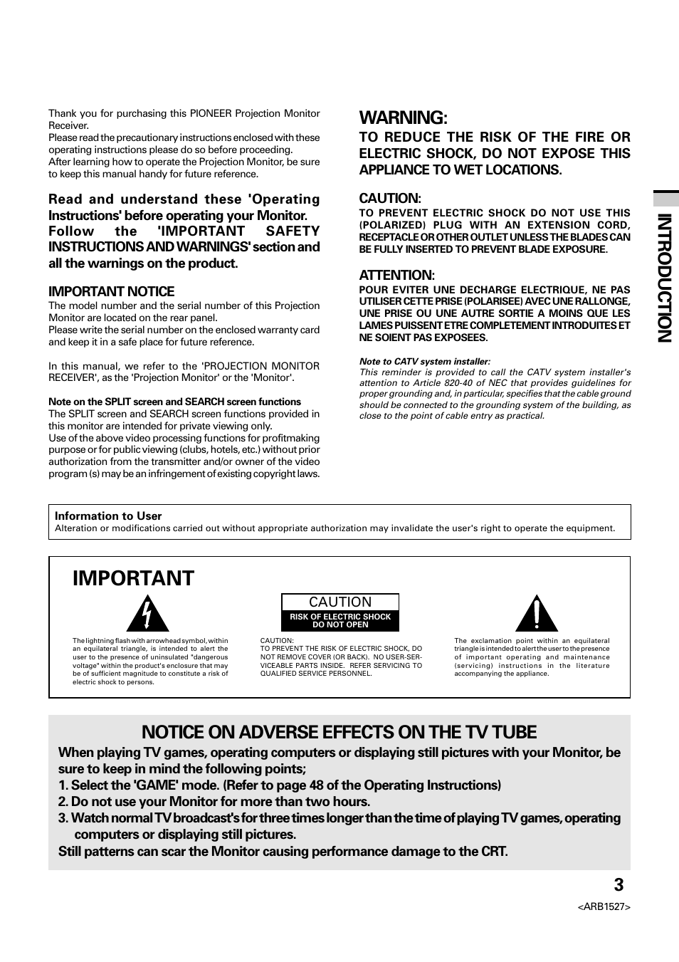 Important, 3introduction, Warning | Notice on adverse effects on the tv tube | Pioneer Elite PRO 510HD User Manual | Page 3 / 92