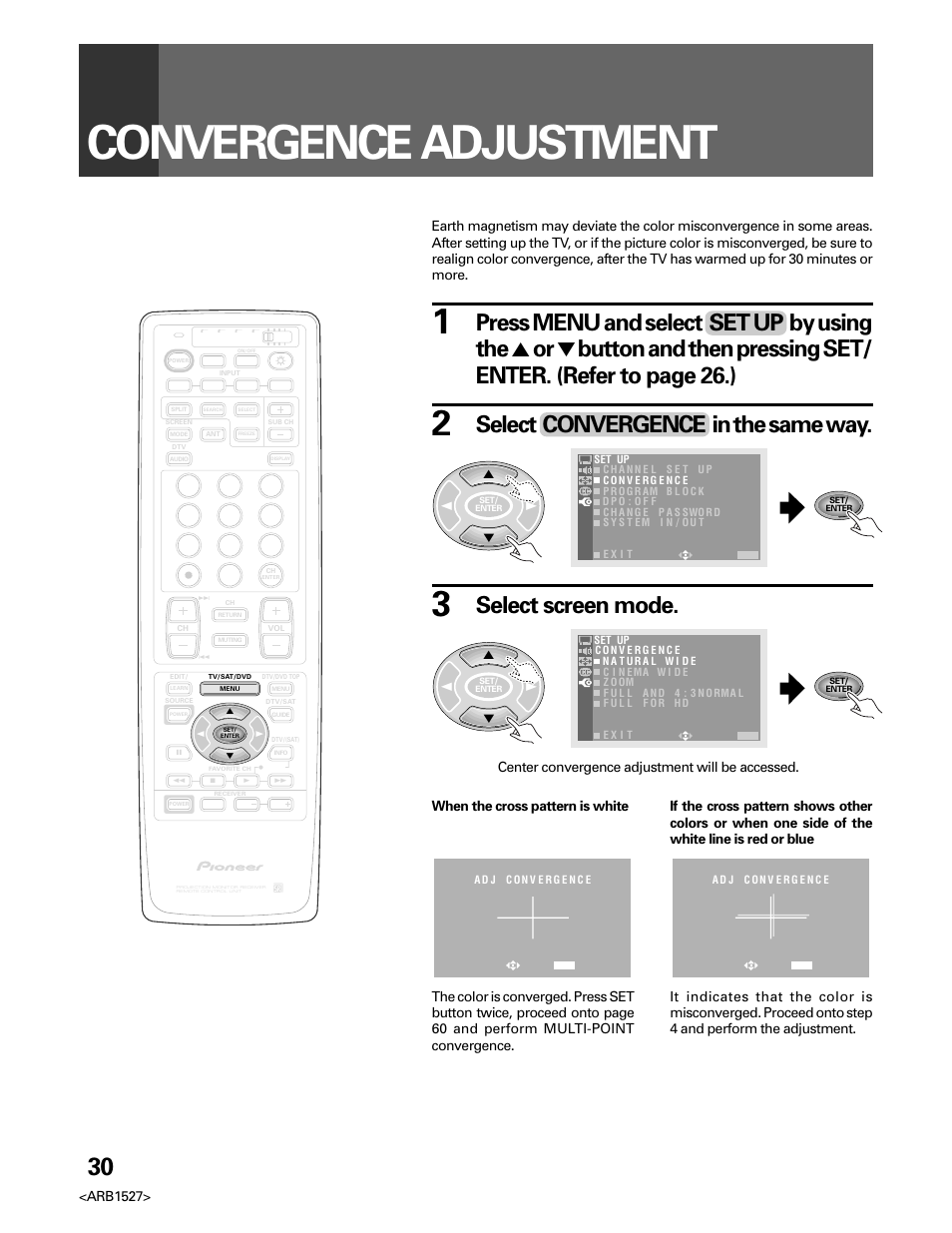 Convergence adjustment, Select convergence in the same way, Select screen mode | Pioneer Elite PRO 510HD User Manual | Page 30 / 92