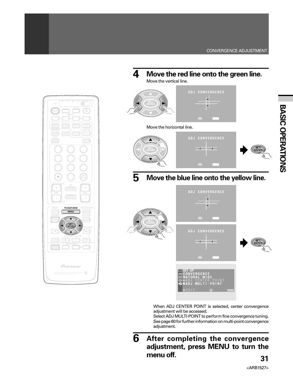 31 basic opera tions, Move the red line onto the green line, Move the blue line onto the yellow line | Arb1527, Move the vertical line, Move the horizontal line | Pioneer Elite PRO 510HD User Manual | Page 31 / 92