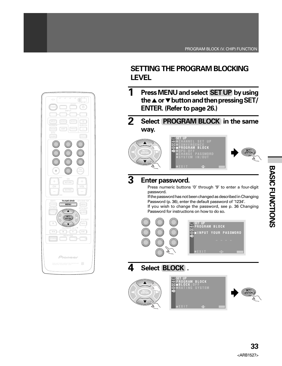 33 basic functions, Setting the program blocking level, Select program block in the same way | Enter password, Select block, Arb1527, Program block (v. chip) function | Pioneer Elite PRO 510HD User Manual | Page 33 / 92