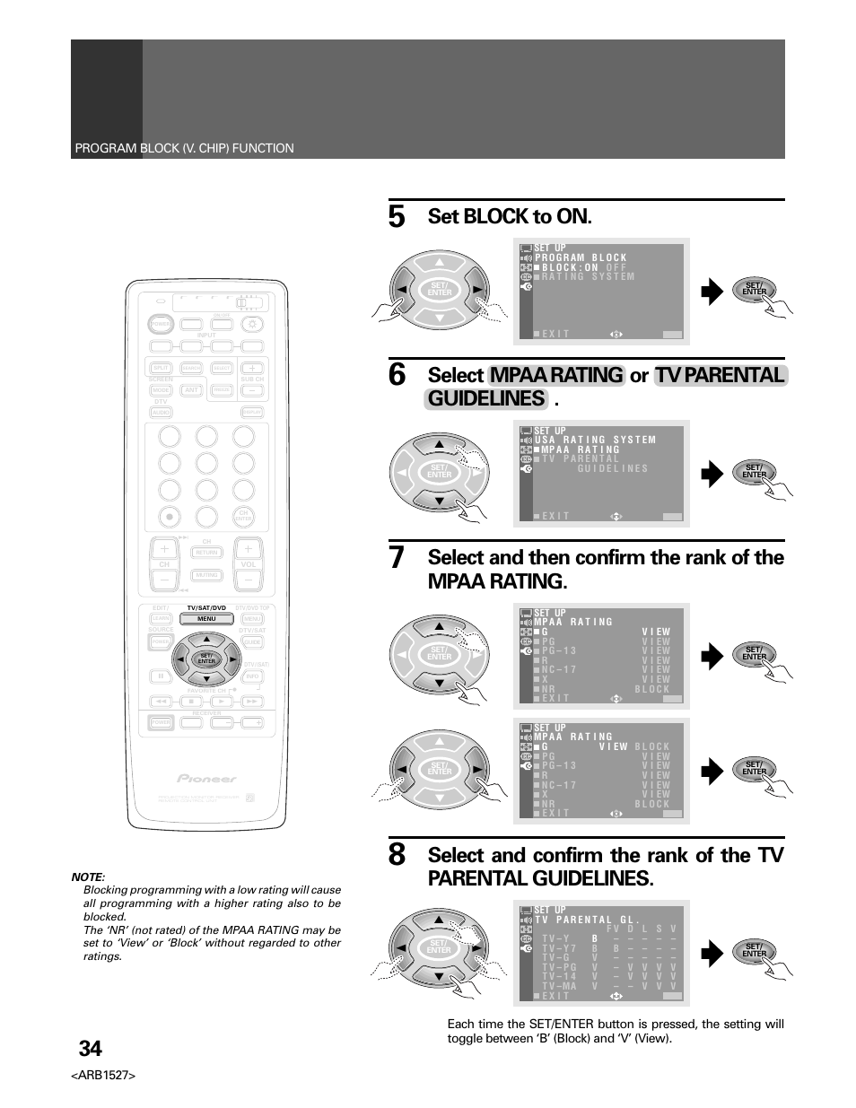 Set block to on, Select mpaa rating or tv parental guidelines | Pioneer Elite PRO 510HD User Manual | Page 34 / 92