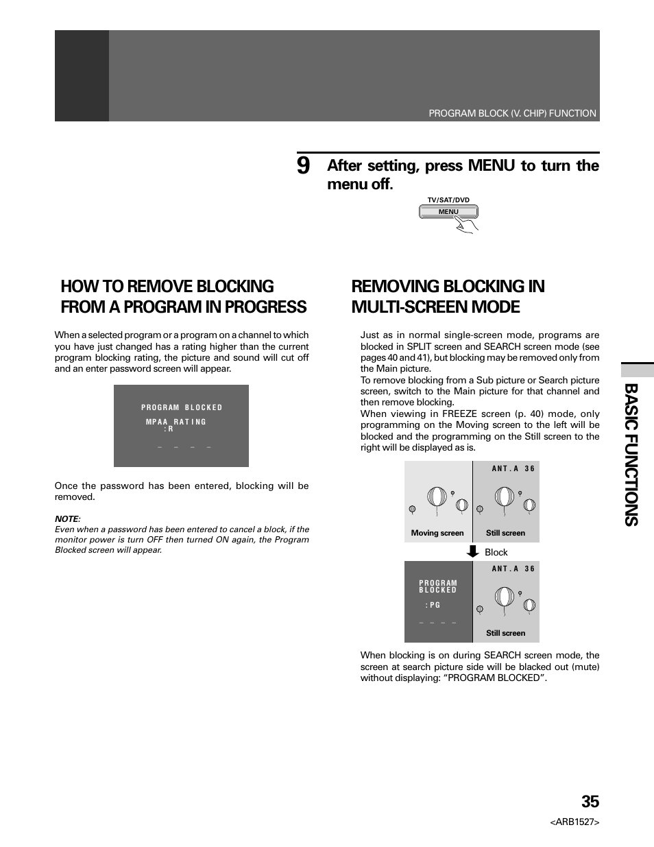 35 basic functions, How to remove blocking from a program in progress, Removing blocking in multi-screen mode | After setting, press menu to turn the menu off | Pioneer Elite PRO 510HD User Manual | Page 35 / 92