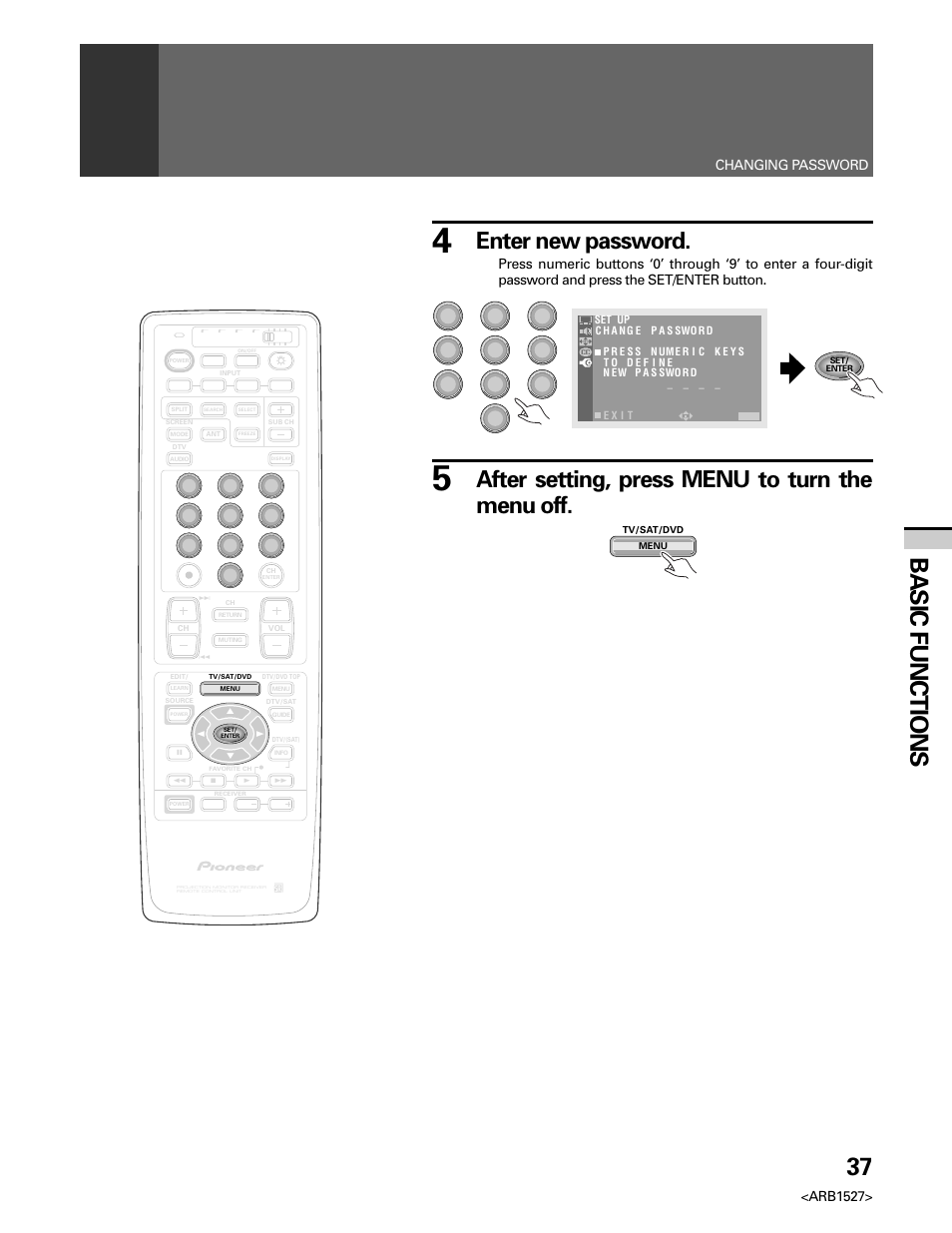 37 basic functions, Enter new password, After setting, press menu to turn the menu off | Arb1527, Changing password | Pioneer Elite PRO 510HD User Manual | Page 37 / 92