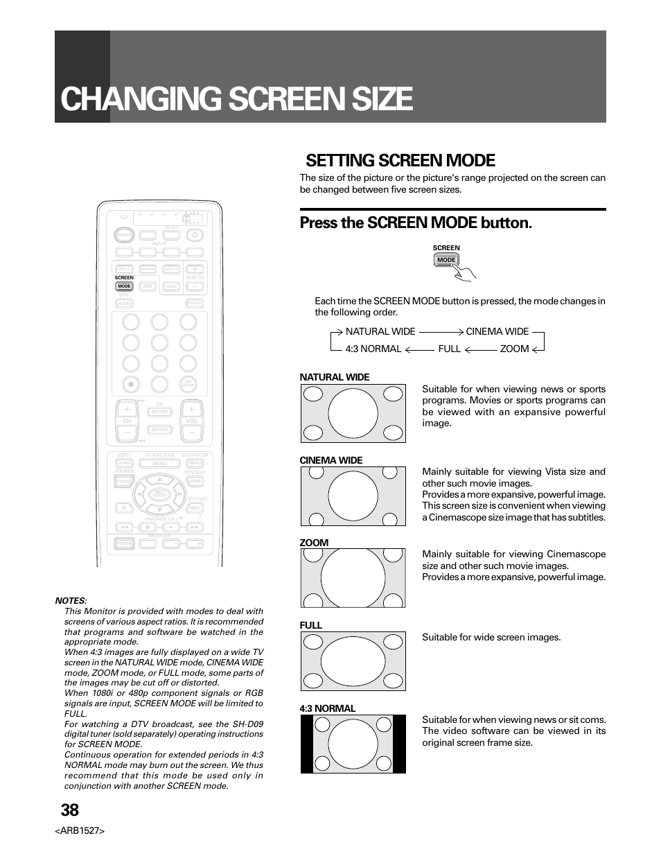 Changing screen size, Setting screen mode, Press the screen mode button | Arb1527 | Pioneer Elite PRO 510HD User Manual | Page 38 / 92