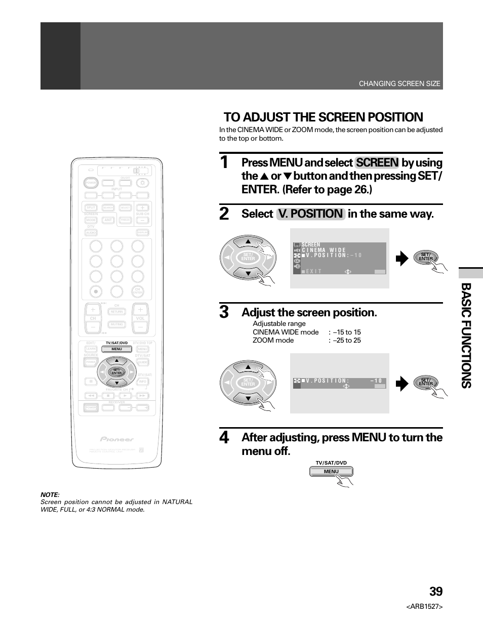 39 basic functions, After adjusting, press menu to turn the menu off, Select v. position in the same way | Adjust the screen position, Arb1527, Changing screen size | Pioneer Elite PRO 510HD User Manual | Page 39 / 92