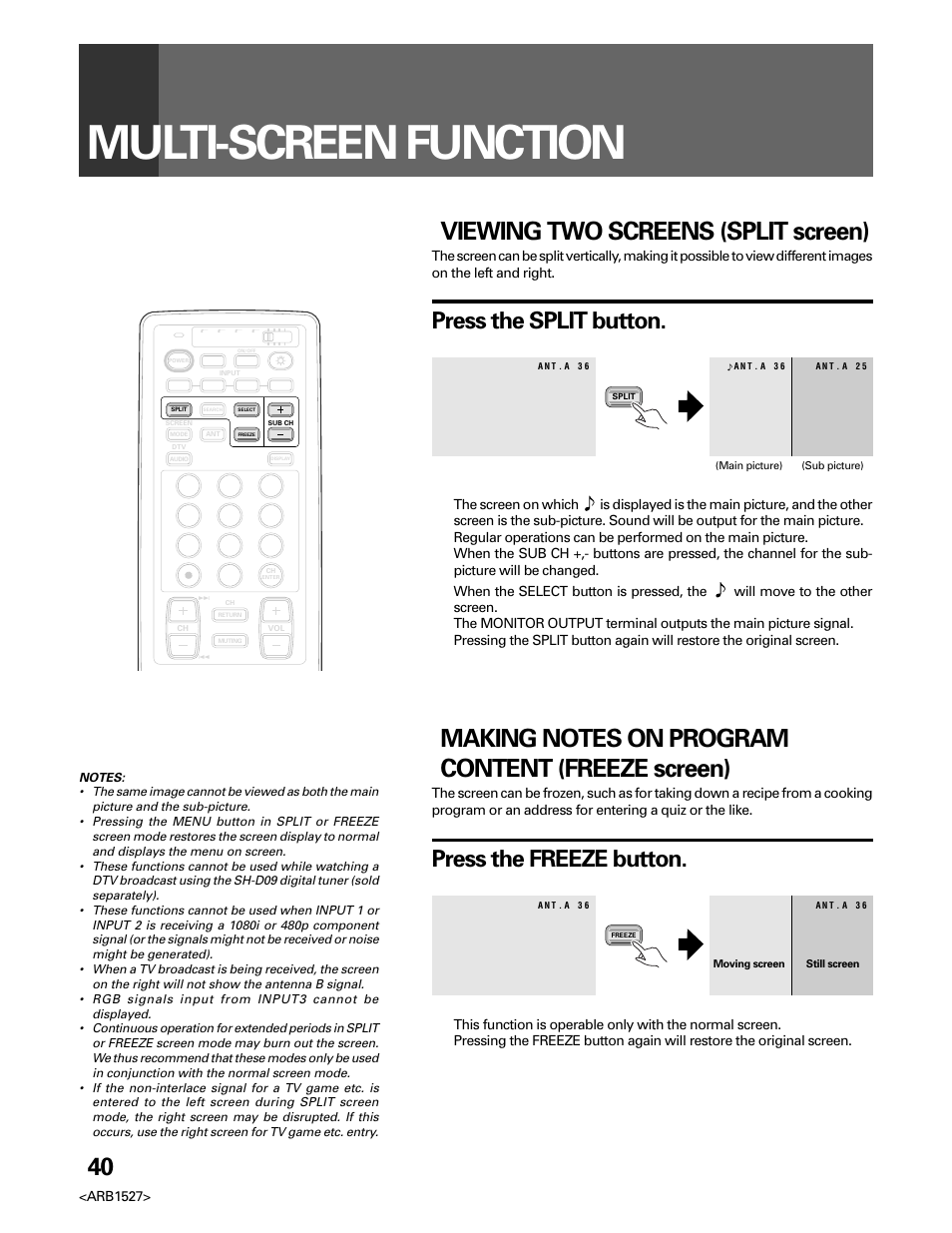 Multi-screen function, Viewing two screens (split screen), Press the split button | Press the freeze button, Arb1527 | Pioneer Elite PRO 510HD User Manual | Page 40 / 92