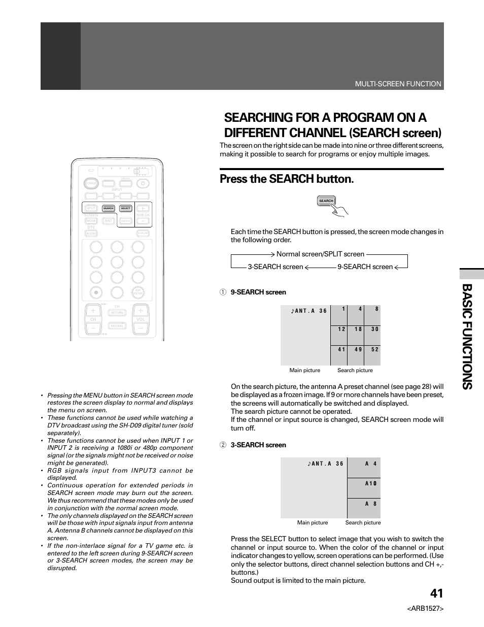 41 basic functions, Press the search button, Arb1527 | Multi-screen function | Pioneer Elite PRO 510HD User Manual | Page 41 / 92