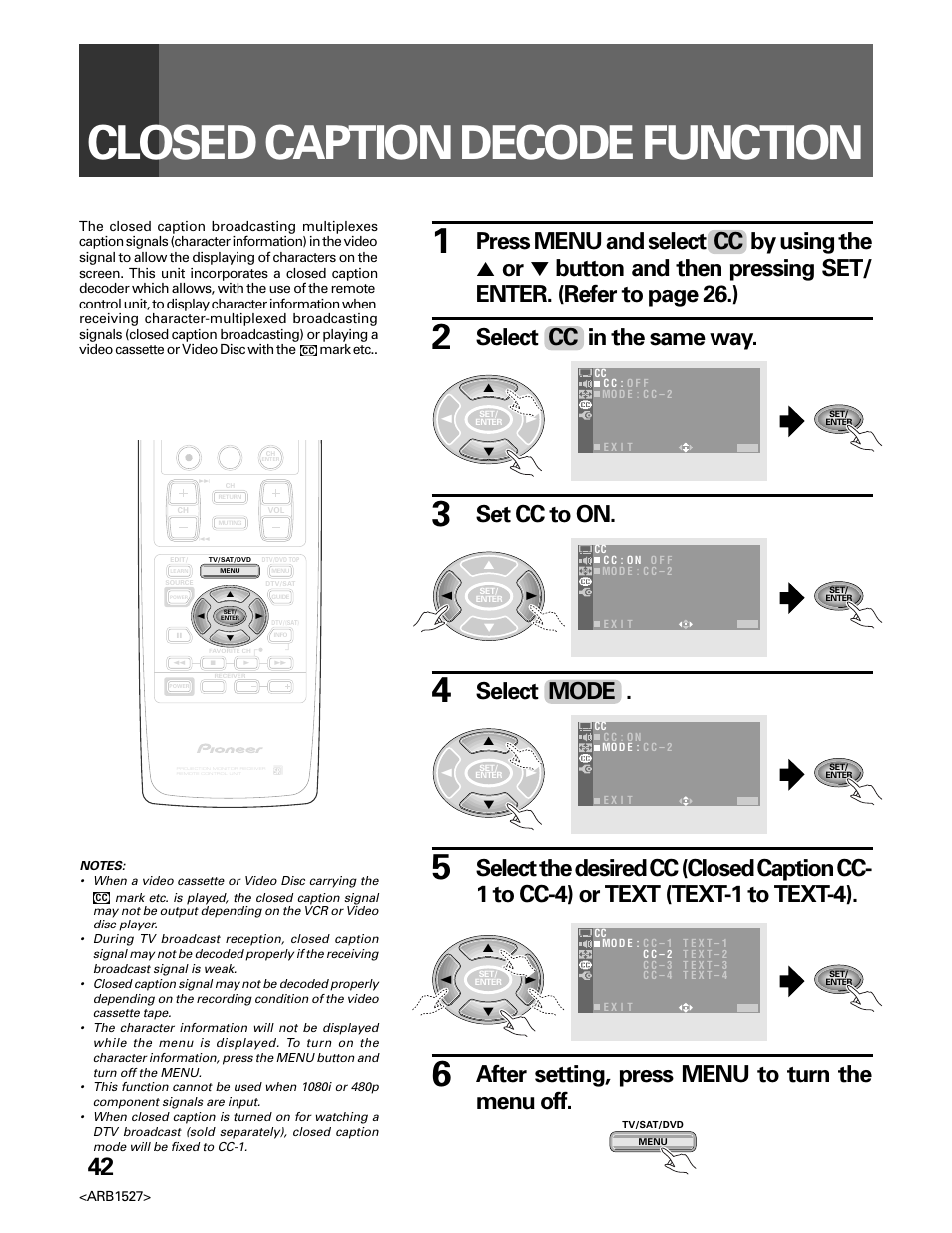 Closed caption decode function, Select cc in the same way, Set cc to on | Select mode, After setting, press menu to turn the menu off | Pioneer Elite PRO 510HD User Manual | Page 42 / 92