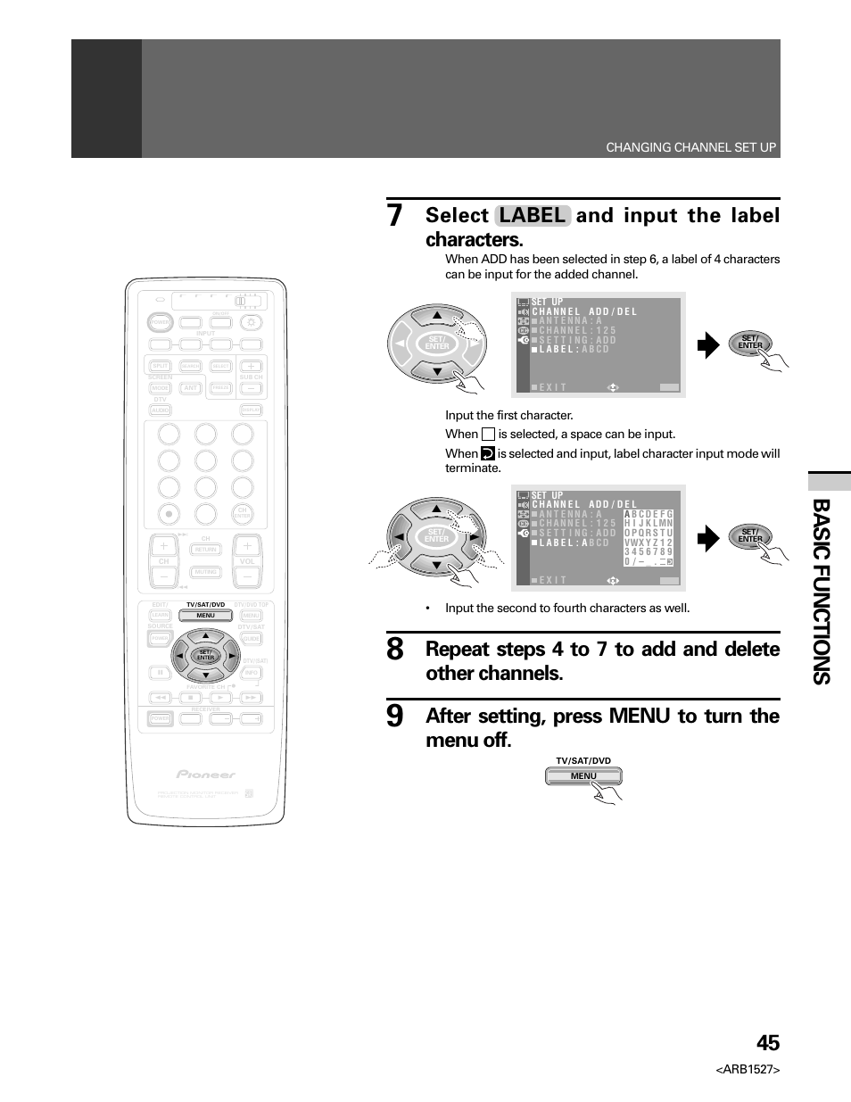 45 basic functions, Select label and input the label characters, After setting, press menu to turn the menu off | Arb1527, Changing channel set up | Pioneer Elite PRO 510HD User Manual | Page 45 / 92