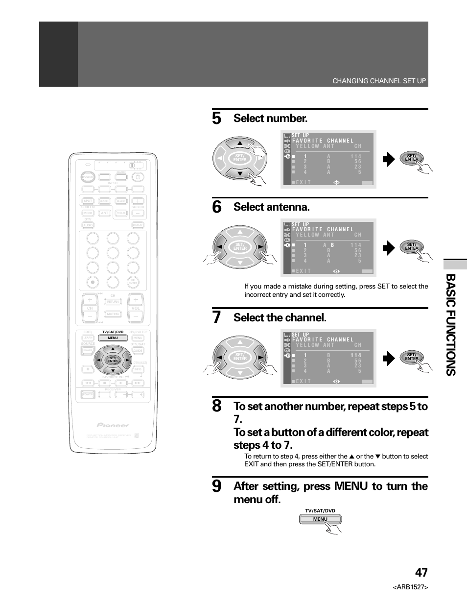 47 basic functions, Select antenna, Select the channel | After setting, press menu to turn the menu off, Select number, Arb1527, Changing channel set up | Pioneer Elite PRO 510HD User Manual | Page 47 / 92