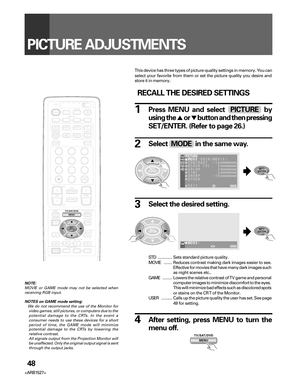 Picture adjustments, Recall the desired settings, Select mode in the same way | Select the desired setting, After setting, press menu to turn the menu off, Arb1527 | Pioneer Elite PRO 510HD User Manual | Page 48 / 92