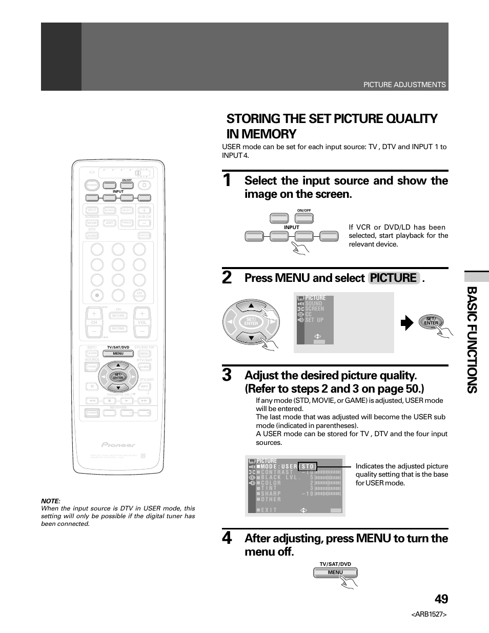 49 basic functions, Press menu and select picture, After adjusting, press menu to turn the menu off | Arb1527, Picture adjustments | Pioneer Elite PRO 510HD User Manual | Page 49 / 92