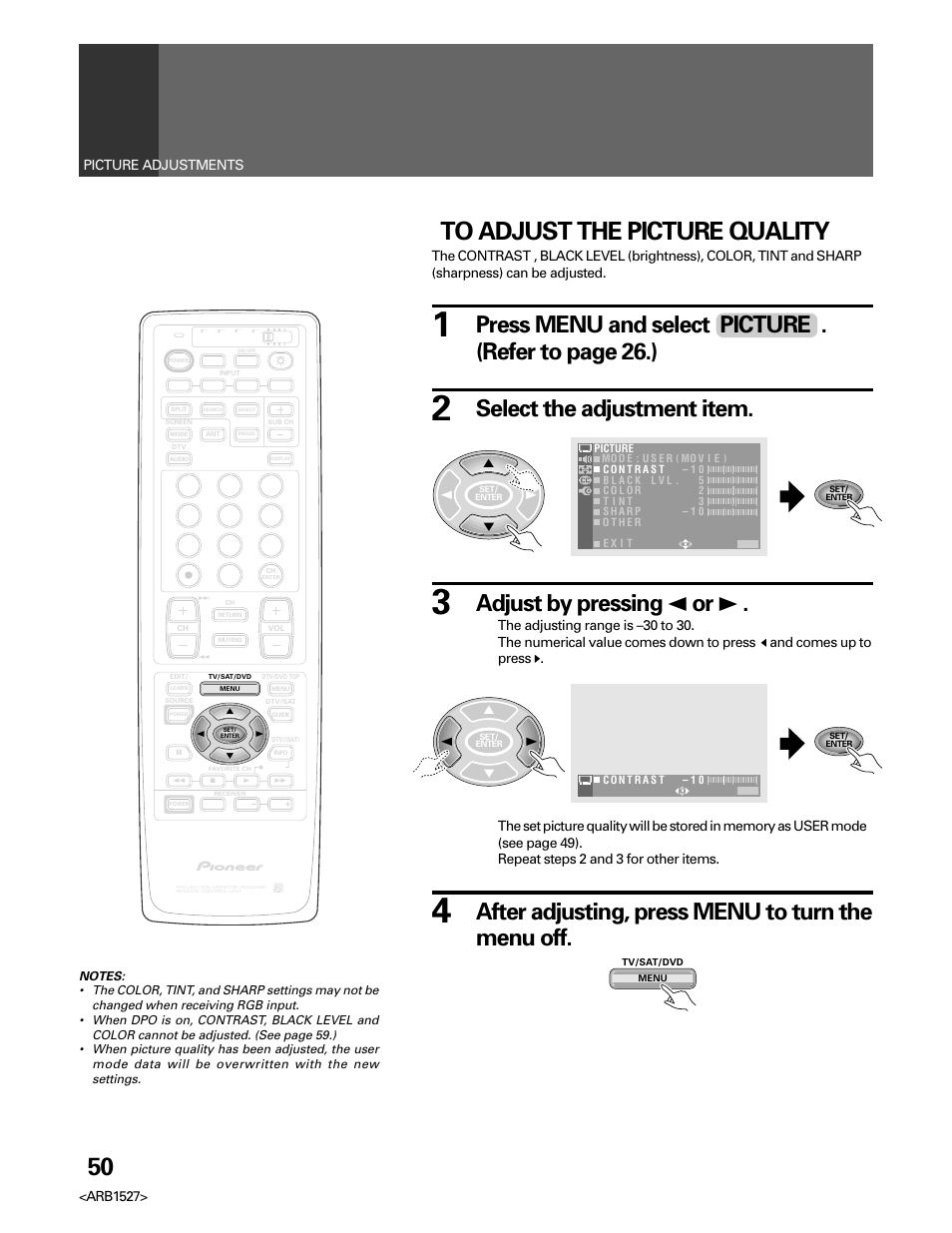 Select the adjustment item, Adjust by pressing 2 or 3, After adjusting, press menu to turn the menu off | Arb1527, Picture adjustments | Pioneer Elite PRO 510HD User Manual | Page 50 / 92