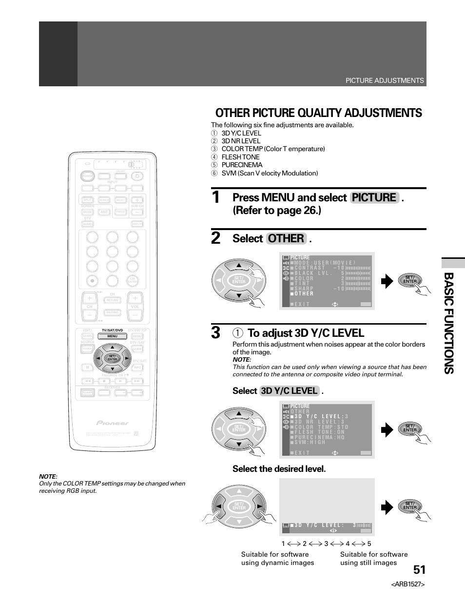 51 basic functions, Other picture quality adjustments, Select other | 1 to adjust 3d y/c level, Select 3d y/c level, Select the desired level, Arb1527, Picture adjustments | Pioneer Elite PRO 510HD User Manual | Page 51 / 92