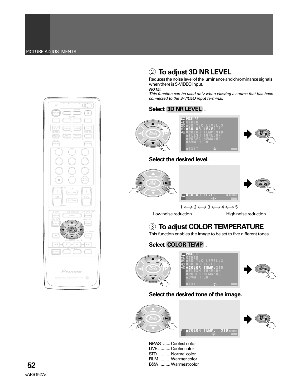 2 to adjust 3d nr level, 3 to adjust color temperature, Select 3d nr level | Select the desired level, Select color temp, Select the desired tone of the image, Arb1527 | Pioneer Elite PRO 510HD User Manual | Page 52 / 92