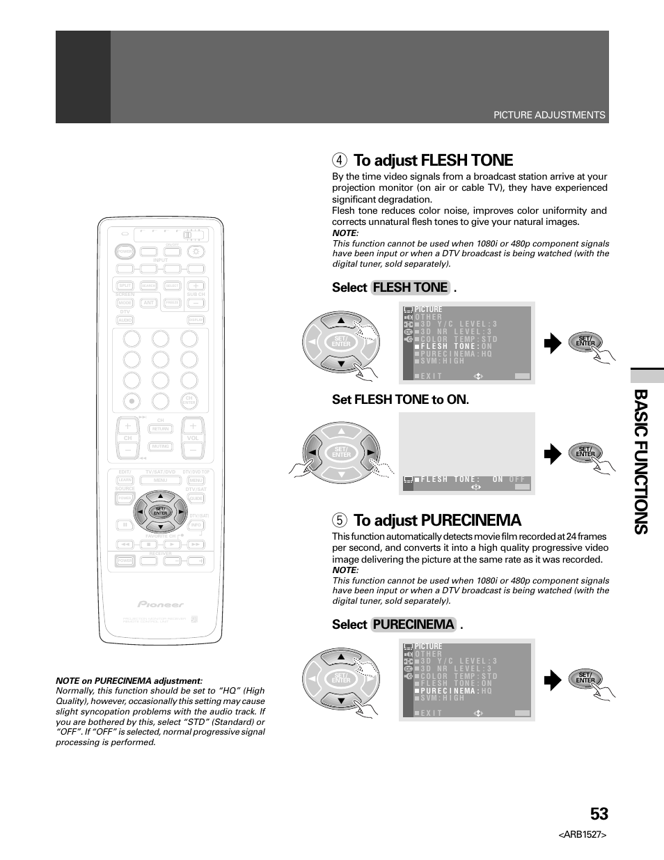 53 basic functions, 4 to adjust flesh tone, 5 to adjust purecinema | Select flesh tone, Set flesh tone to on, Select purecinema, Arb1527, Picture adjustments | Pioneer Elite PRO 510HD User Manual | Page 53 / 92