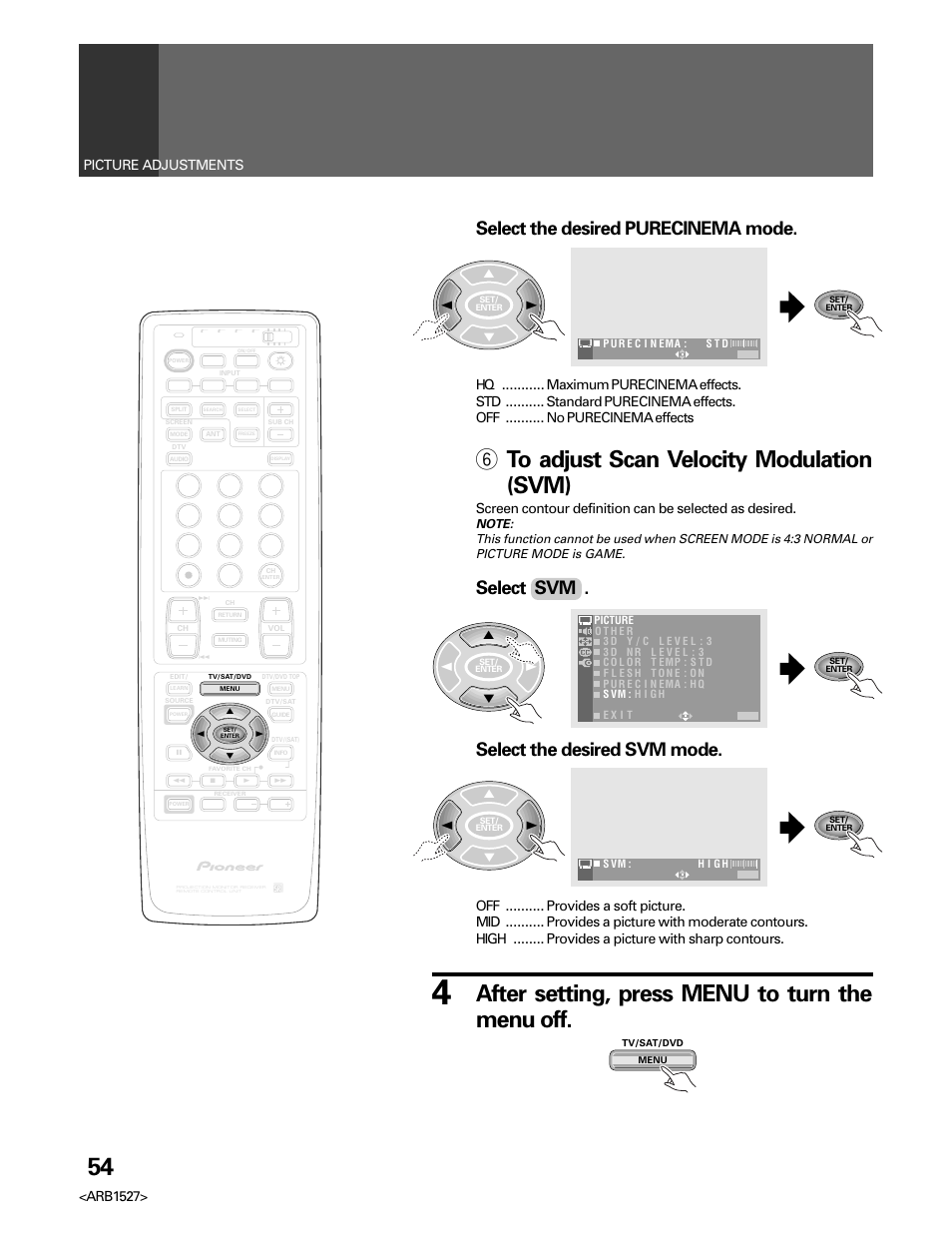 6 to adjust scan velocity modulation (svm), After setting, press menu to turn the menu off, Select svm | Select the desired svm mode, Select the desired purecinema mode, Arb1527, Picture adjustments | Pioneer Elite PRO 510HD User Manual | Page 54 / 92