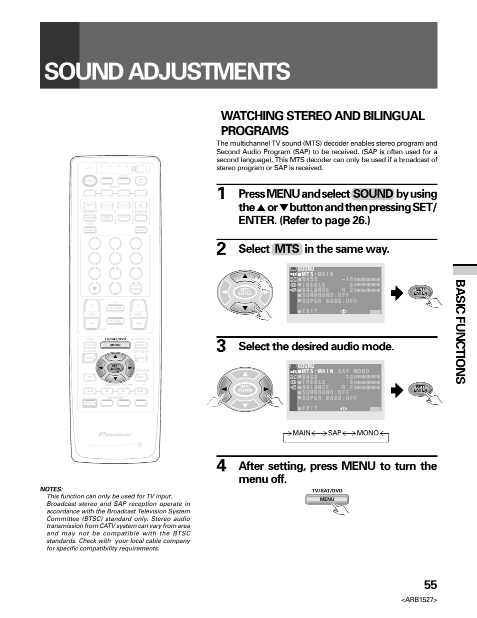 Sound adjustments, 55 basic functions, Watching stereo and bilingual programs | Select mts in the same way, Select the desired audio mode, After setting, press menu to turn the menu off, Arb1527, Main sap mono | Pioneer Elite PRO 510HD User Manual | Page 55 / 92