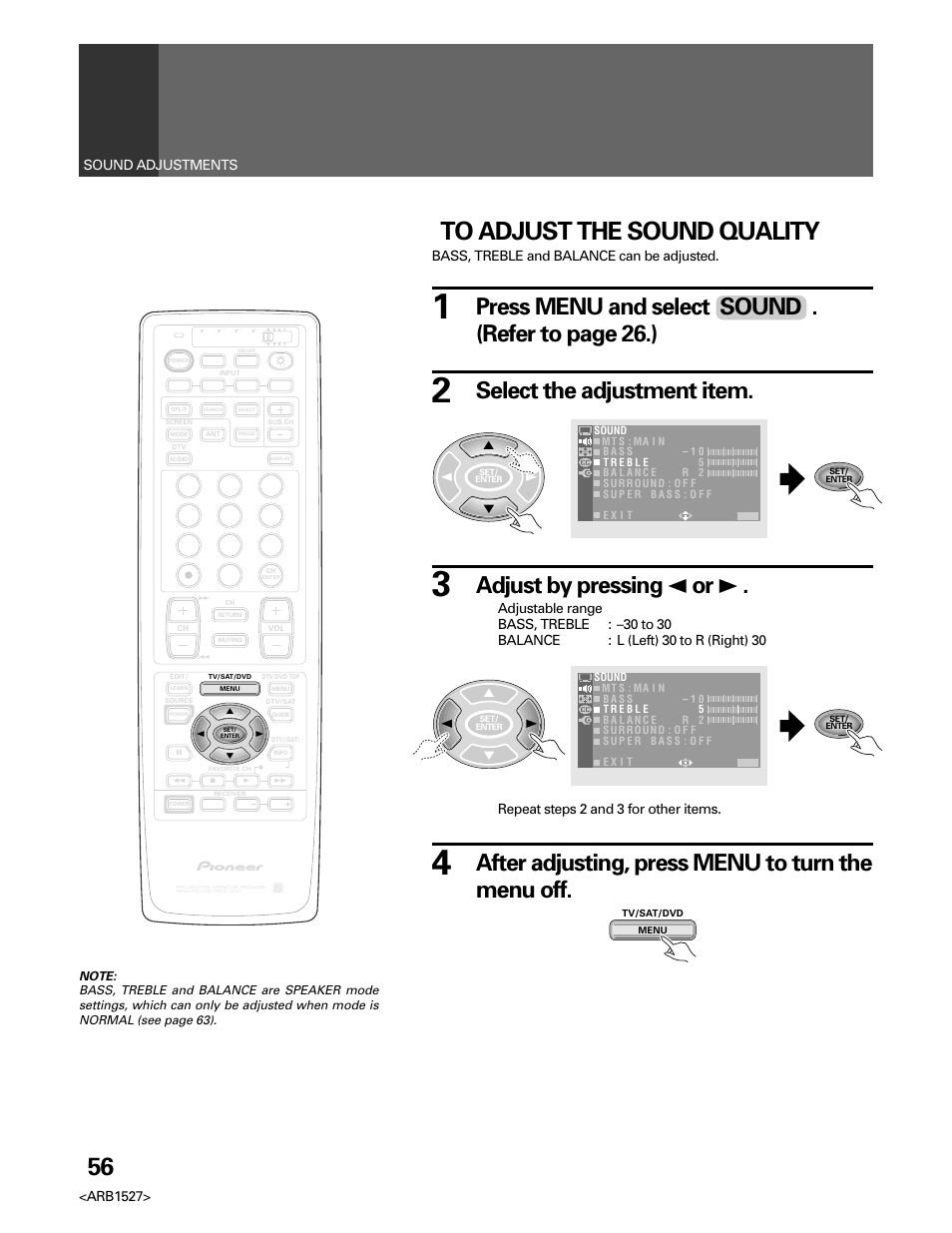 Press menu and select sound . (refer to page 26.), Select the adjustment item, Adjust by pressing 2 or 3 | After adjusting, press menu to turn the menu off, Arb1527> sound adjustments, Bass, treble and balance can be adjusted, Repeat steps 2 and 3 for other items | Pioneer Elite PRO 510HD User Manual | Page 56 / 92