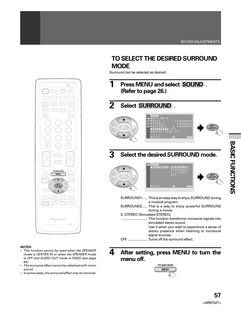 57 basic functions, After setting, press menu to turn the menu off, Press menu and select sound . (refer to page 26.) | Select surround, Select the desired surround mode, Arb1527, Sound adjustments, Surround can be selected as desired | Pioneer Elite PRO 510HD User Manual | Page 57 / 92