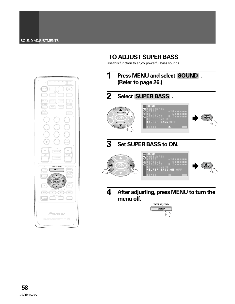 Press menu and select sound . (refer to page 26.), Select super bass, Arb1527> sound adjustments | Use this function to enjoy powerful bass sounds | Pioneer Elite PRO 510HD User Manual | Page 58 / 92