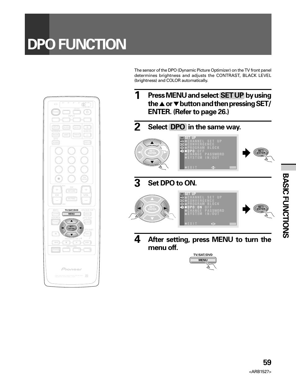 Dpo function, 59 basic functions, Select dpo in the same way | Set dpo to on, After setting, press menu to turn the menu off, Arb1527 | Pioneer Elite PRO 510HD User Manual | Page 59 / 92